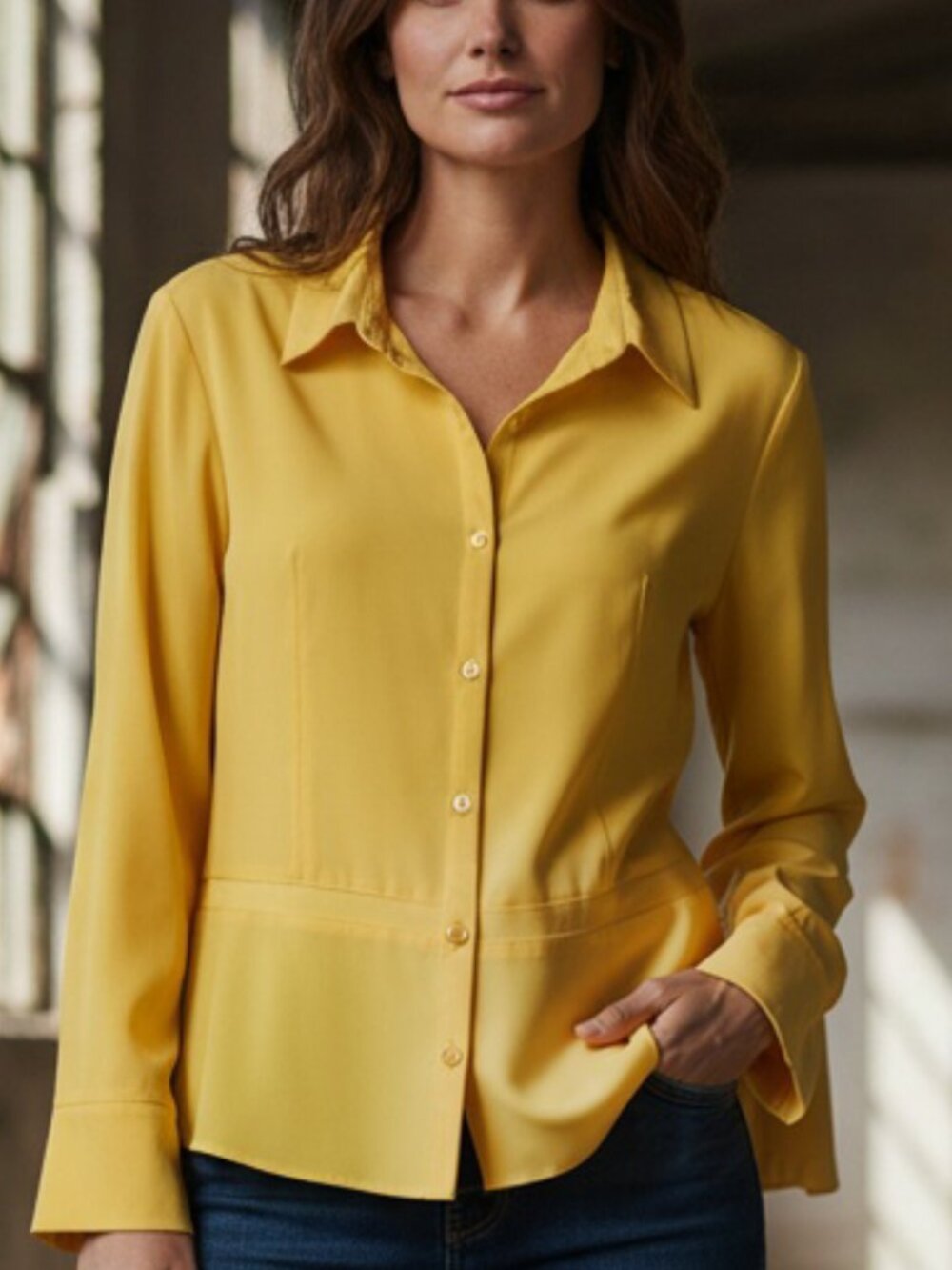 SAG HARBOR Yellow Button-Down Blouse, Size 14